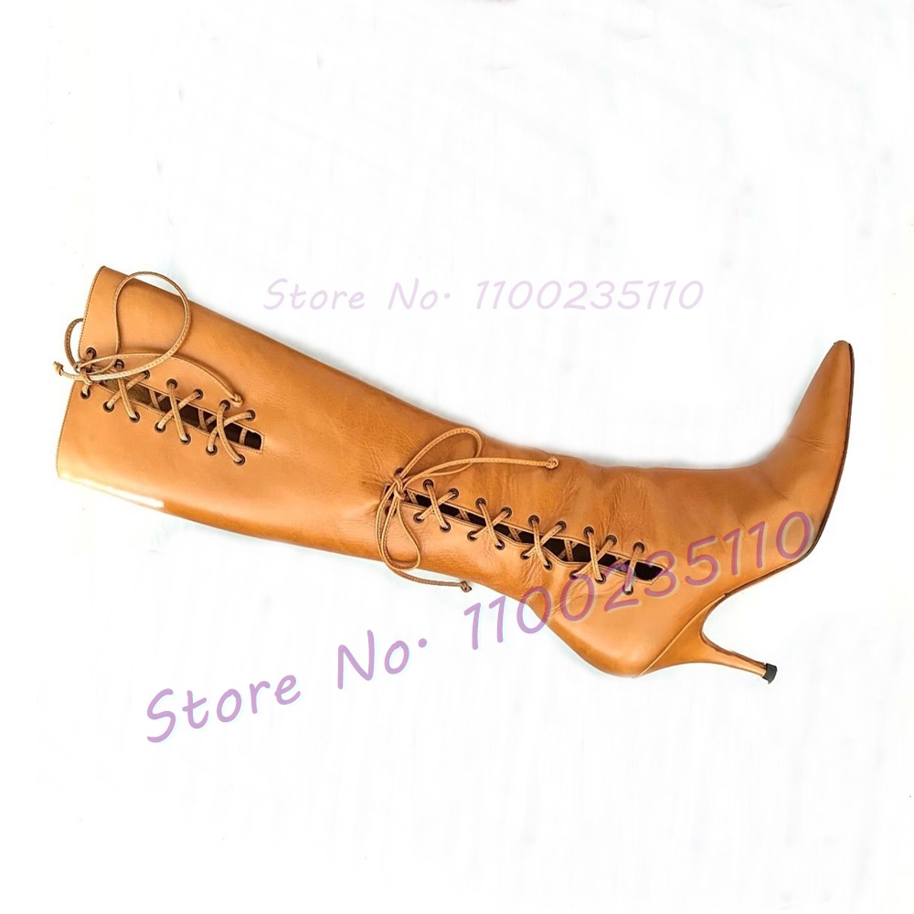Tan Cross Tied Knee High Boots - Crossfit Outfit avis et prix